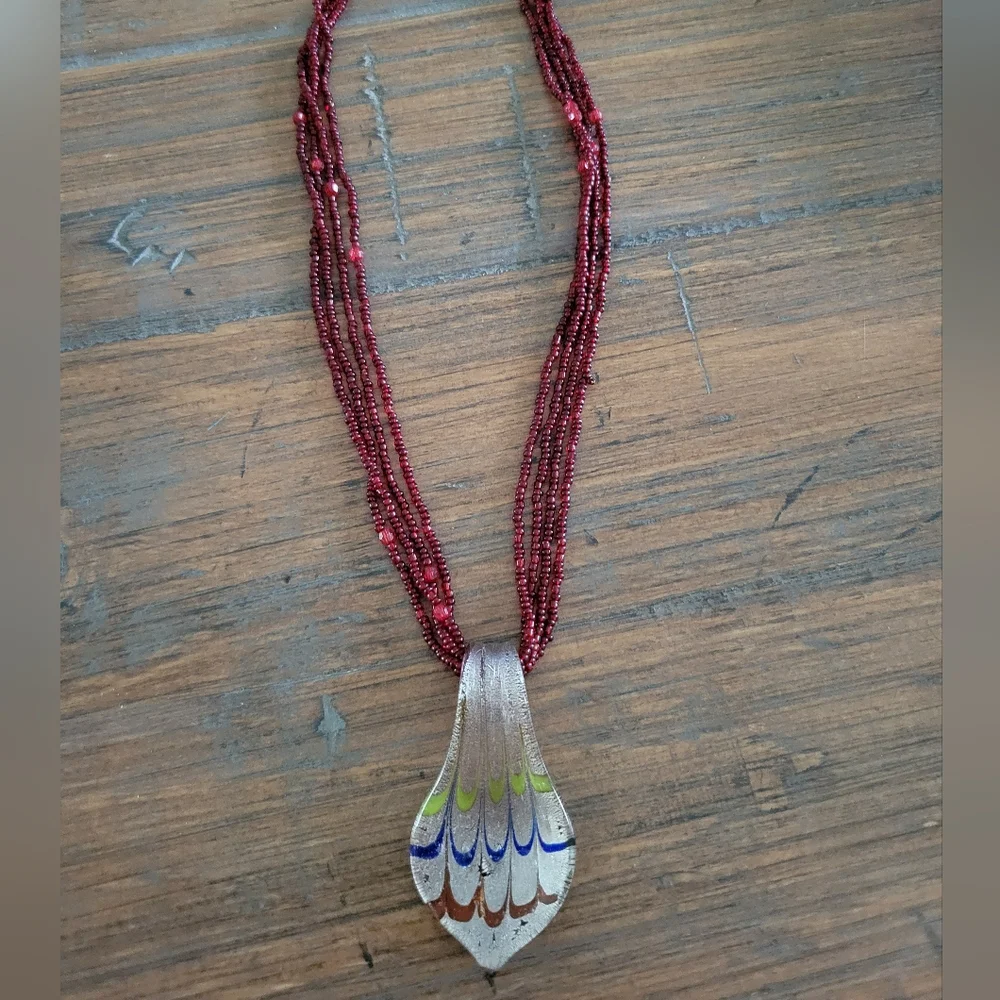 Burgandy Glass Seed Bead & Pendant Necklace